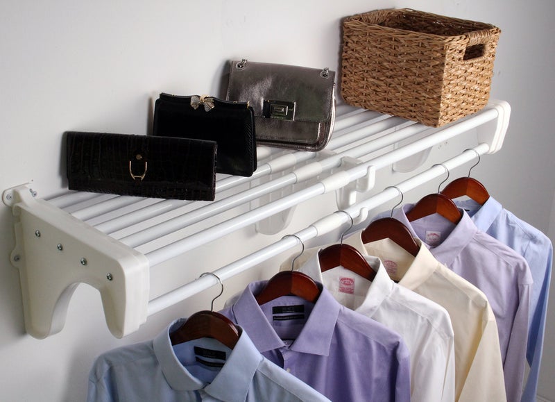 EZ Shelf - Closet Shelf with Hanging Rod - 30â€ to 50" Expandable, White, Closet Shelves â€“ Strong, Holds 200 lbs â€“ Easy Install â€“ Backwall (Floating) with 2 End Brackets, Alternative to Wire Shelving - Image 2